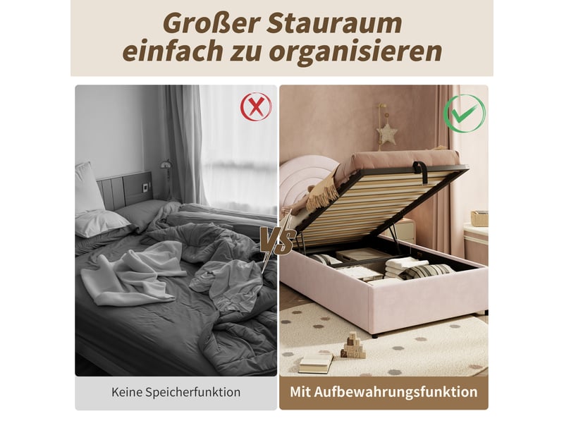 Lit simple rembourré 90x200cm lit enfant lit coffre tête de lit sommier à lattes relevage hydraulique velours pour adultes et adolescents rose N634U0006CFXXZH - Conforama W