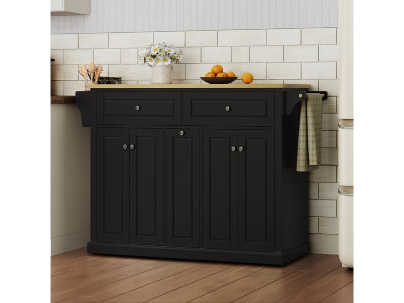 Îlot de cuisine mobile avec plateau rabattable, chariot de cuisine mdf noir et bois naturel, 121x69x89 cm - Conforama B