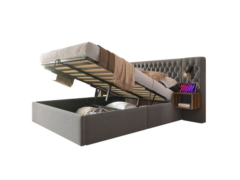  Lit coffre 160x200 avec matelas, 2 tables de chevet et liseuses gris cravdom  - Conforama A