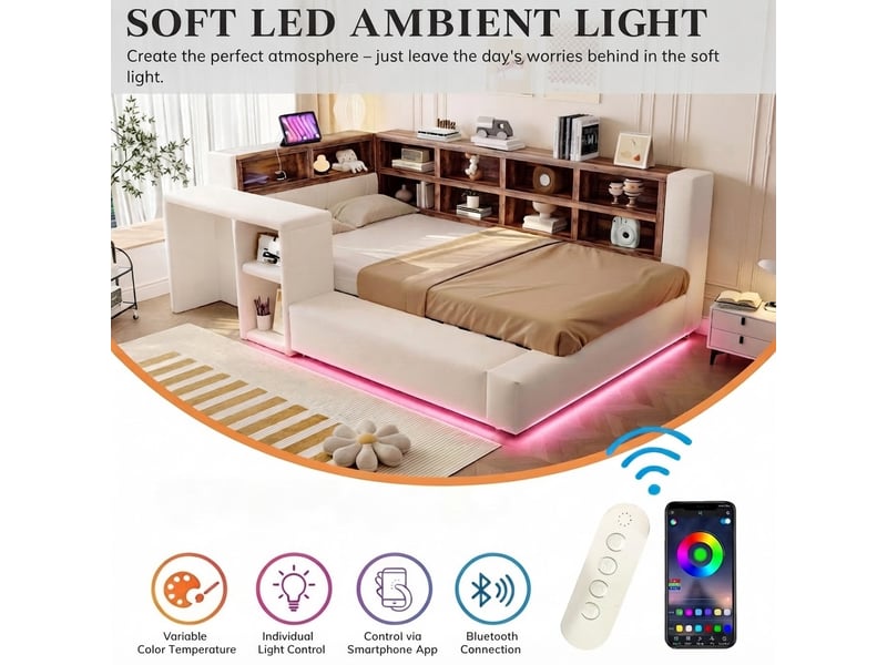  Petit meuble de rangement, 210x116x74 cm, éclairage led, ports de charge, beige LDU00645AAA-conf-NEW - Conforama W