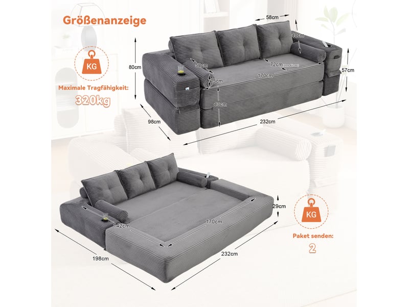 Canapé convertible 3 places avec ressorts, poches et porte-gobelet, en velours côtelé gris foncé 232 × 98 × 80 cm - Conforama E