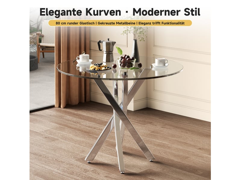  Table à manger ronde, ø80 cm, plateau en verre trempé, salle à manger, pratique, verre trempé et verre, coloris argenté  - Conforama E