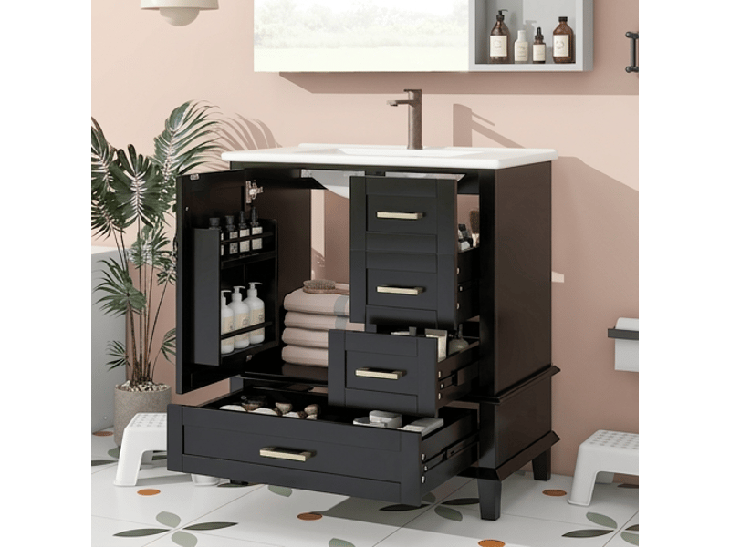  Meuble salle de bain noir 76 cm avec vasque céramique et 3 tiroirs  - Conforama D