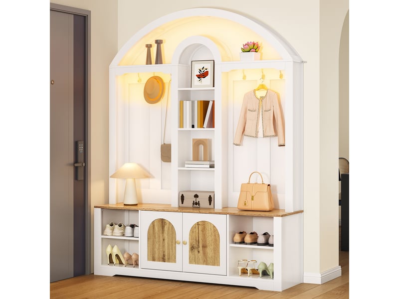  Vestiaire d'entrée, meuble de rangement avec porte-manteau et étagère à chaussures, mdf style scandinave 150x40x195 cm avec ruban led, blanc et bois  - Conforama B