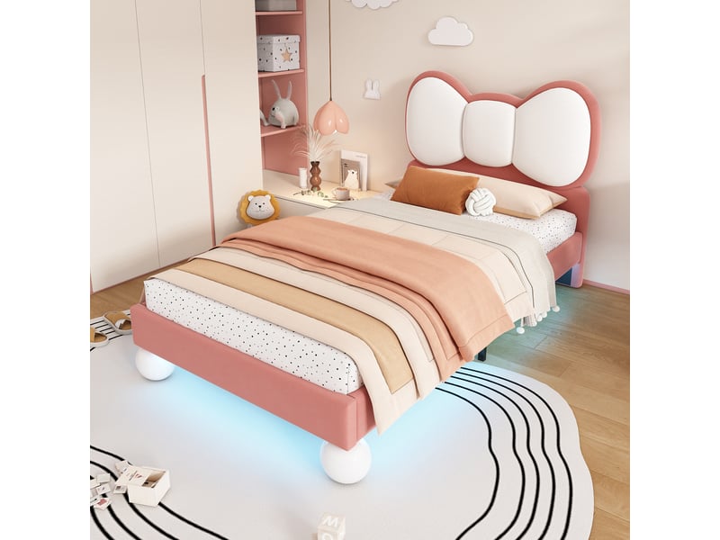  Lit enfant 90 × 200 cm 1 place avec led réglable et tête de lit nœud, sans matelas, en velours, rose  - Conforama C
