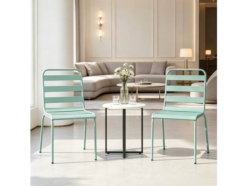  Lot de 2 chaises de jardin empilables en acier vert, pieds réglables pour terrasse, résistantes aux intempéries  - Conforama D