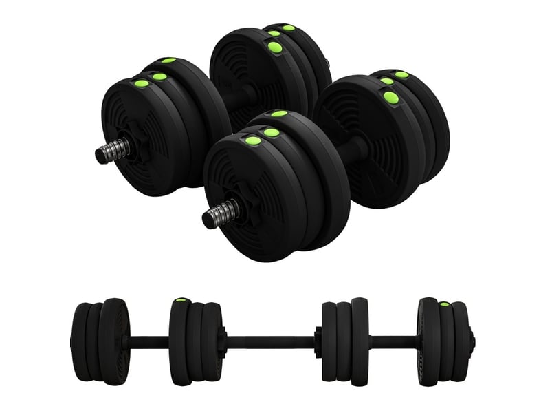  Set d'haltères et barre 2 en 1 105 x 20 x 20 cm noir et vert en plastique, poids réglable 20 kg  - Conforama C