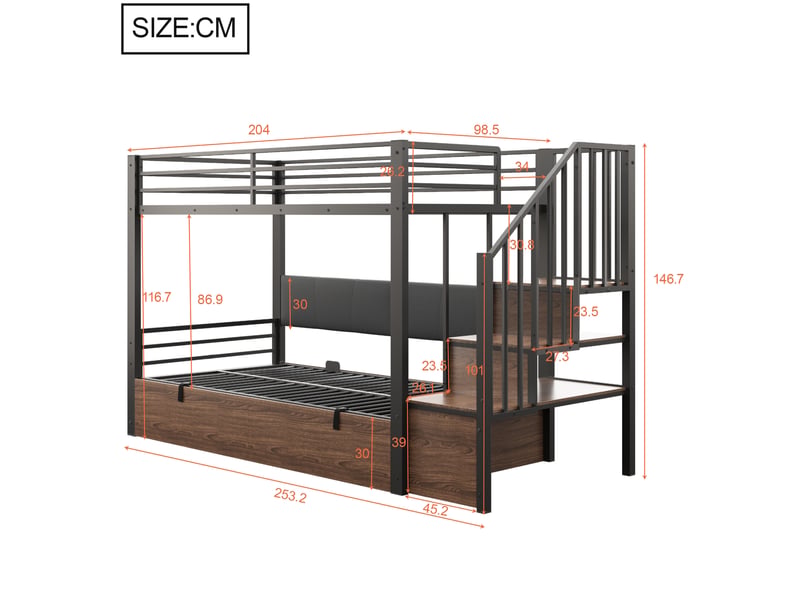 Lit superposé 90x200 cm avec rangement hydraulique et escalier, noir - Conforama E