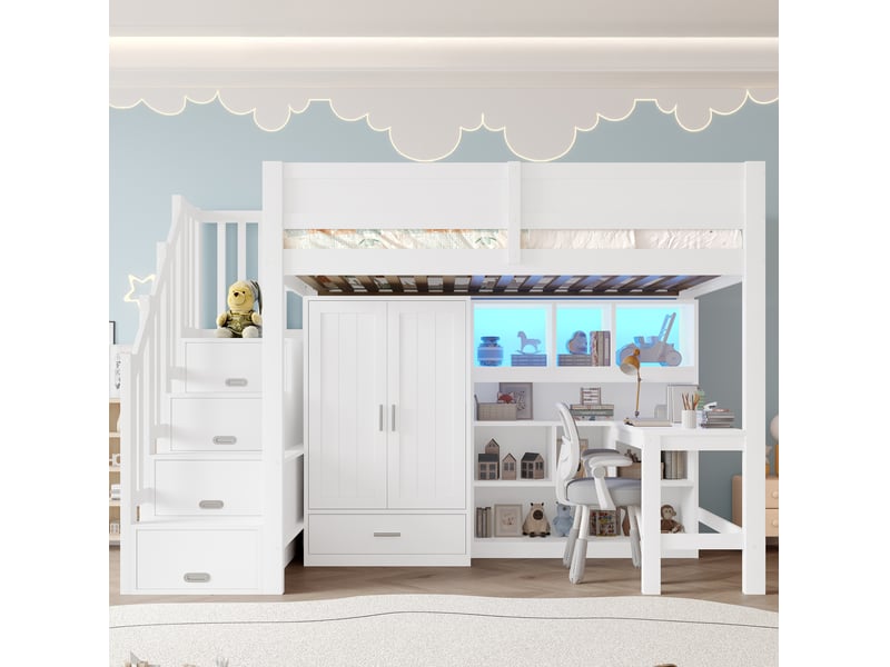  Lit mezzanine 90x200 cm avec bureau, armoire, escalier de rangement et led, blanc  - Conforama E