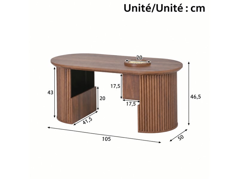  Table basse ovale effet noyer avec texture verticale, 105 x 50 x 46,5 cm  - Conforama C