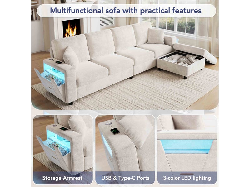  Canapé d'angle l 4 places 282x153x82 cm en polyester avec pouf coffre mobile, accoudoir led usb-c, coussins amovibles, canapé modulable moderne -beige  - Conforama E
