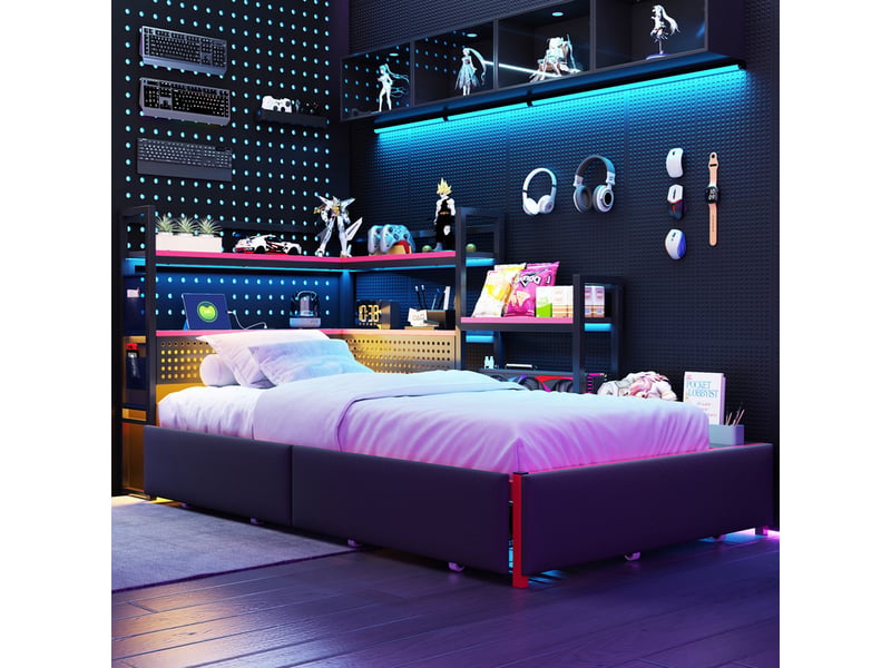 Lit enfant en métal 90x200 cm - avec 3 tiroirs - avec lumière led - avec port usb - avec étagère de rangement - noir (matelas non inclus) - Conforama E