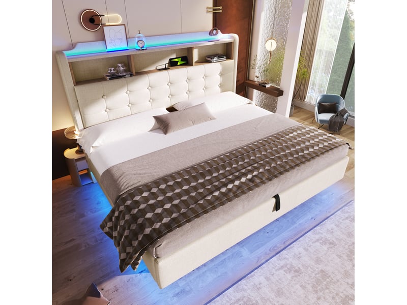 Lit coffre 2 places 180x200 cm avec rangements, led et usb, coloris beige - Conforama B