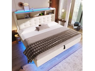 Lit coffre 2 places 180x200 cm avec rangements, led et usb, coloris beige