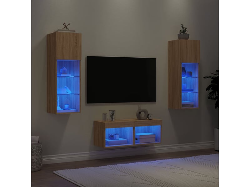  Meuble tv - banc tv - meuble de rangement muraux 4 pcs avec lumières led chêne sonoma  - Conforama B