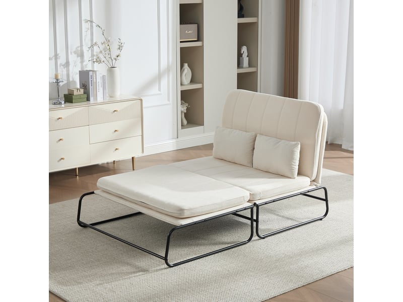  Canapé-lit 2 places modenvie convertible en lit avec poches de rangement latérales, chenille beige, structure en métal noir, 104 x 85 x 92 cm  - Conforama D