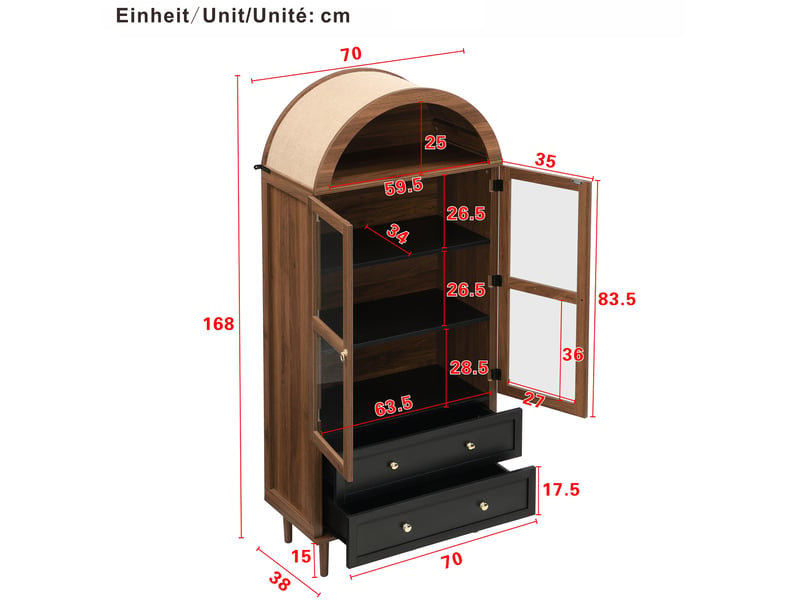  Buffet haut rétro en mdf et verre, 2 portes et 2 tiroirs, coloris noyer  - Conforama E