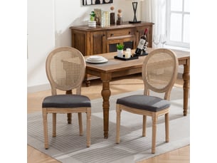 Lot de 2 chaises de salle à manger style français, structure en bois massif peinture antique, tissu lin, dossier en rotin, gris