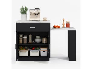 Îlot de cuisine avec table à manger extensible, 2 tiroirs, étagères latérales ouvertes, pour 4 à 6 personnes - noir