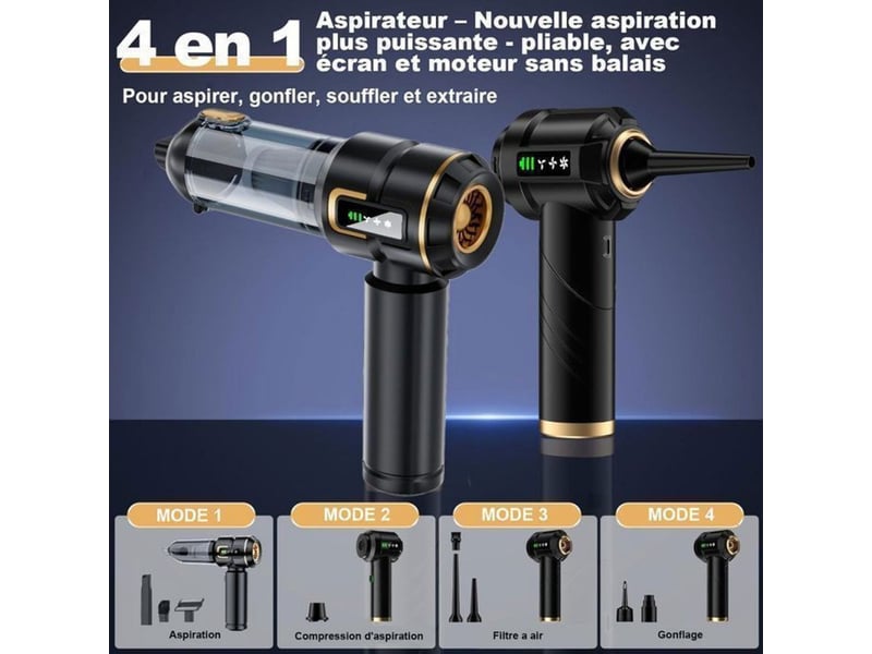  Aspirateur main sans fil 4 en 1 16 kpa 100 w moteur sans balais 3 vitesses led usb-c soufflage noir et or 413446_AACKO80509_6_DROPFR - Conforama B