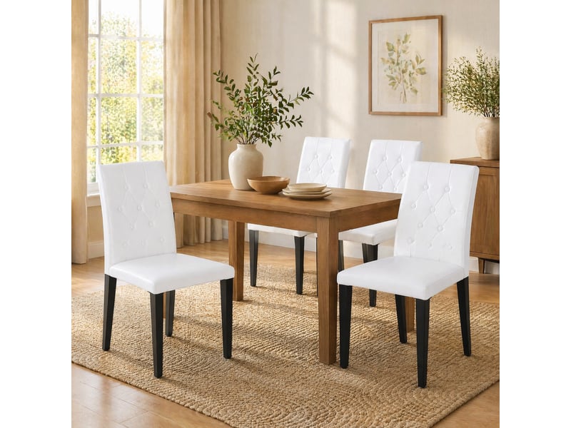  Lot de 4 chaises de salle à manger 89 cm, dossier à motifs losange, chaise cuisine, assise confort, blanc pu, noir métal  - Conforama B