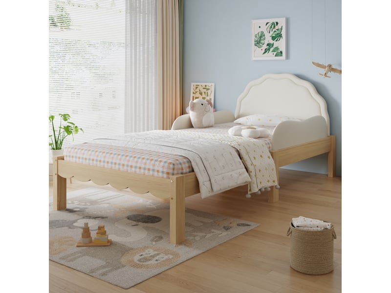  Lit enfant 90x200 cm avec tête de lit en pu, barrières latérales, cadre en bois, beige sans matelas  - Conforama E