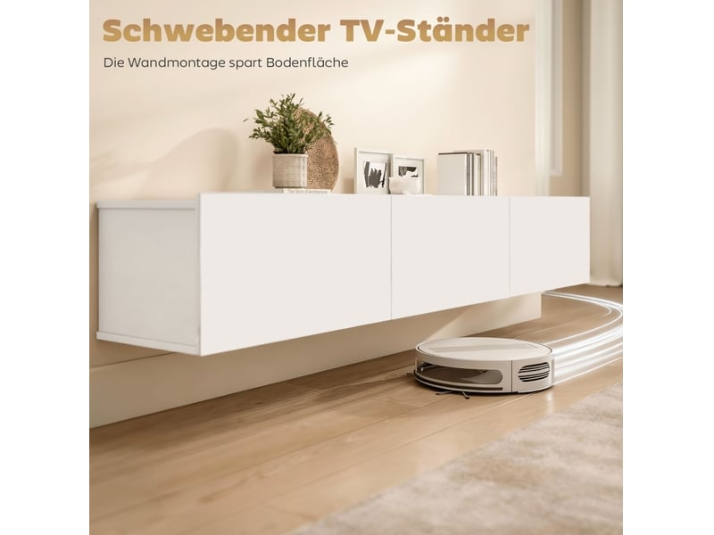 Meuble tv suspendu 3 portes abattantes à fermeture douce, rangement mural de salon en bois blanc 180 × 31,5 × 29,8 cm - Conforama D