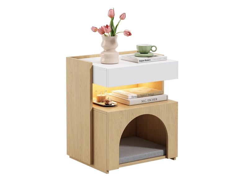 Table de chevet,47x39x58 cm,niche pour félin, led et tiroir,mdf,blanc bois naturel - Conforama D