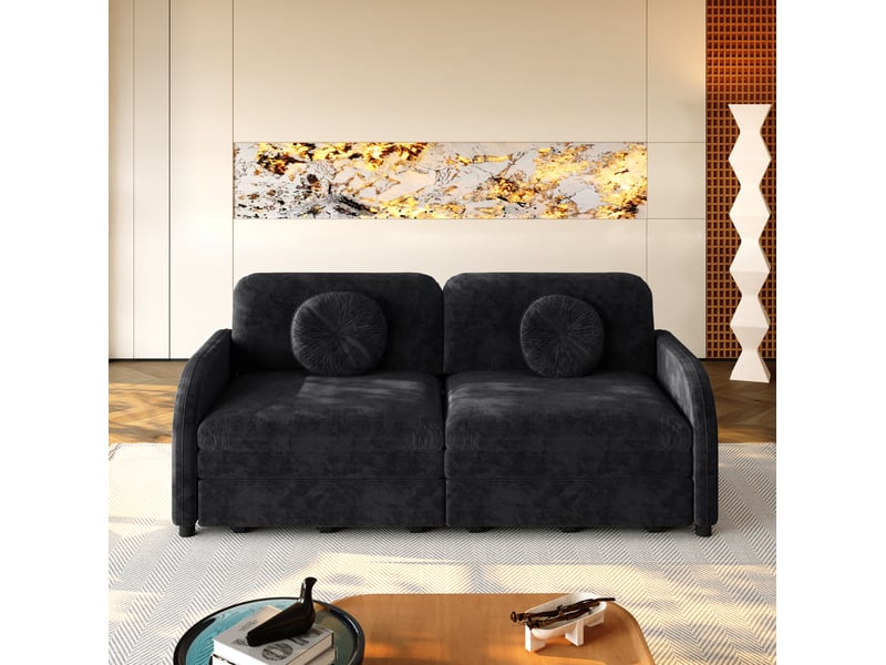  Canapé-lit 2 places 166x84x90 cm 3-en-1, poche latérale, canape droit en métal, bois, mousse et tissu chenille noir  - Conforama D