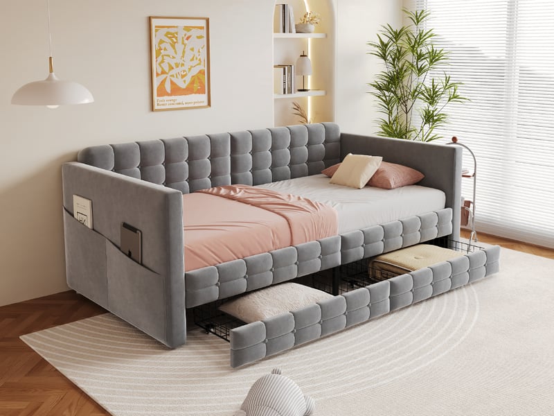  Canapé-lit 90x190 cm avec deux tiroirs, cadre de lit adulte avec compartiment de rangement, lit simple en velours, gris  - Conforama R