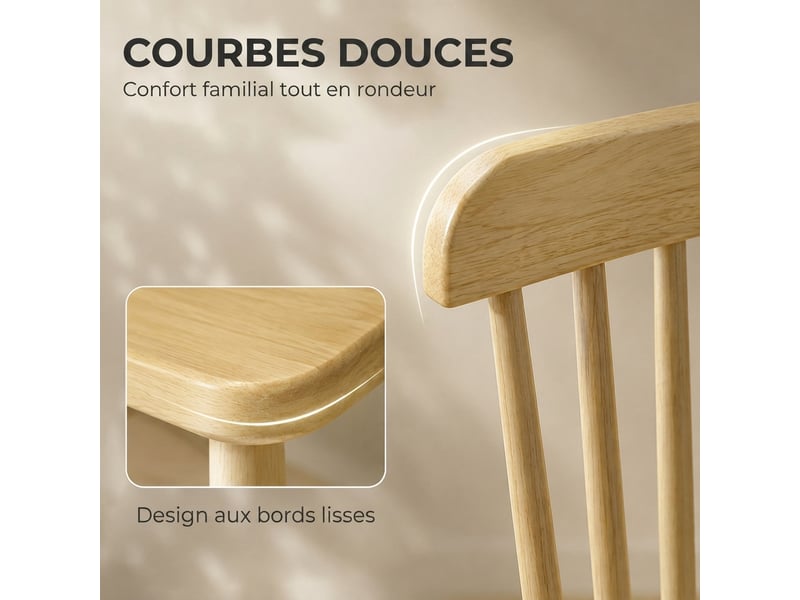  Lot de 2 chaises de salle à manger, chaises cuisine en bois d'hévéa, bords arrondis, dossier incurvé, bois naturel  - Conforama E