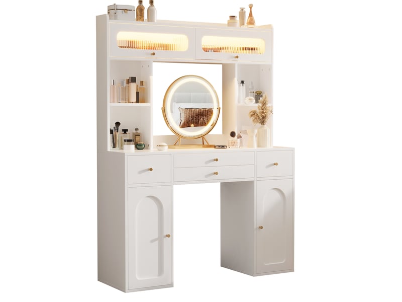  Coiffeuse 120 x 40 x 160 cm blanche, mdf, verre et bambou, miroir rond éclairé, quatre tiroirs et rangements  - Conforama A
