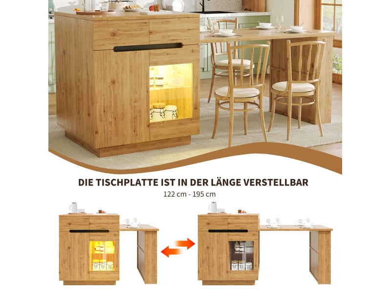  Meuble de rangement de cuisine extensible avec tiroirs, niche ouverte et led pour cuisine, 122-195 × 70 × 93,5 cm  - Conforama E