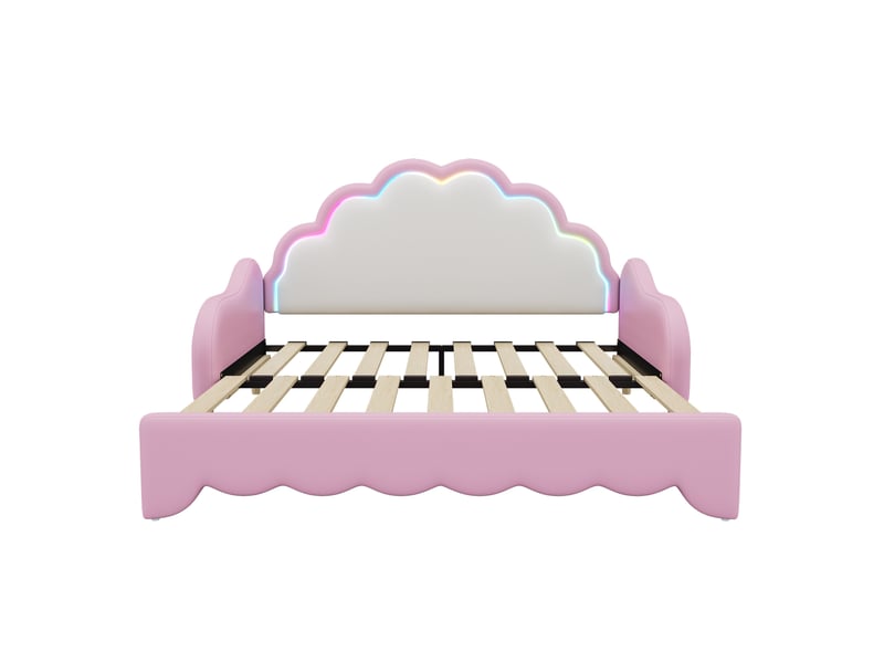 Lit gigogne 140x200 cm 2 en 1 avec led, mdf et pu, rose, sans matelas  - Conforama D