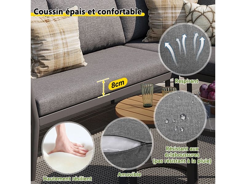Ensemble de salon de jardin modulable - 6 pièces - rotin pe - coussins imperméables gris - Conforama D