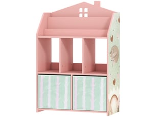 Meuble rangement enfant, bibliothèque enfants avec étagères ouvertes et 2 tiroirs en tissu, mdf, rose