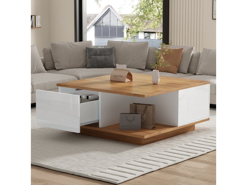  Table basse carrée 70x70 cm, table de salon avec 3 tiroirs et rangement semi-ouvert, design moderne en bois et blanc.  - Conforama R