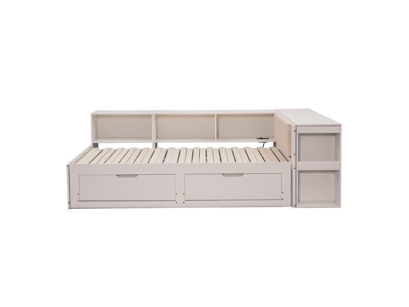  Lit multifonction en forme de l –  avec tiroirs sous le lit et étagères ouvertes, tête de lit rembourrées – lit de jour en bois et mdf  - Conforama A