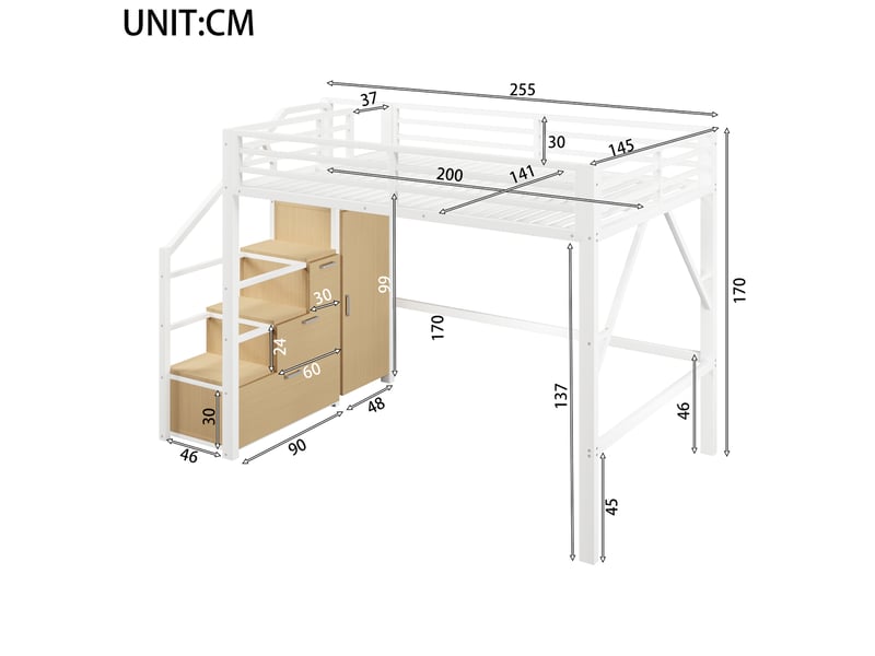  Lit mezzanine 2 places 140×200 cm, armoire, led et rangements  - sans matelas, métal et mdf - blanc  - Conforama D