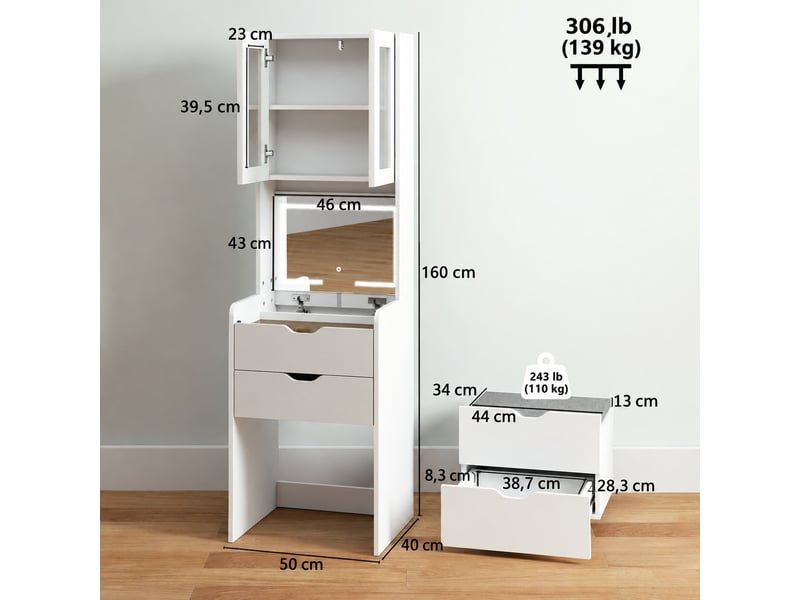  Coiffeuse avec miroir rabattable led 3 teintes, 3 tiroirs et tabouret rembourré, blanche, 50 x 40 x 160 cm  - Conforama E