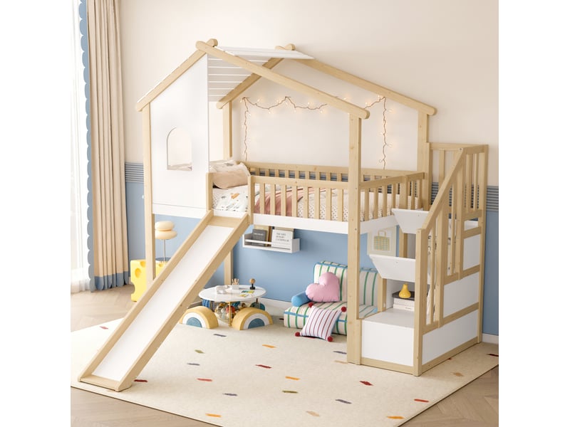  Modenvie lit mezzanine 90x200 cm - avec toboggan, échelle avec rangement, sans matelas - naturel et blanc  - Conforama B