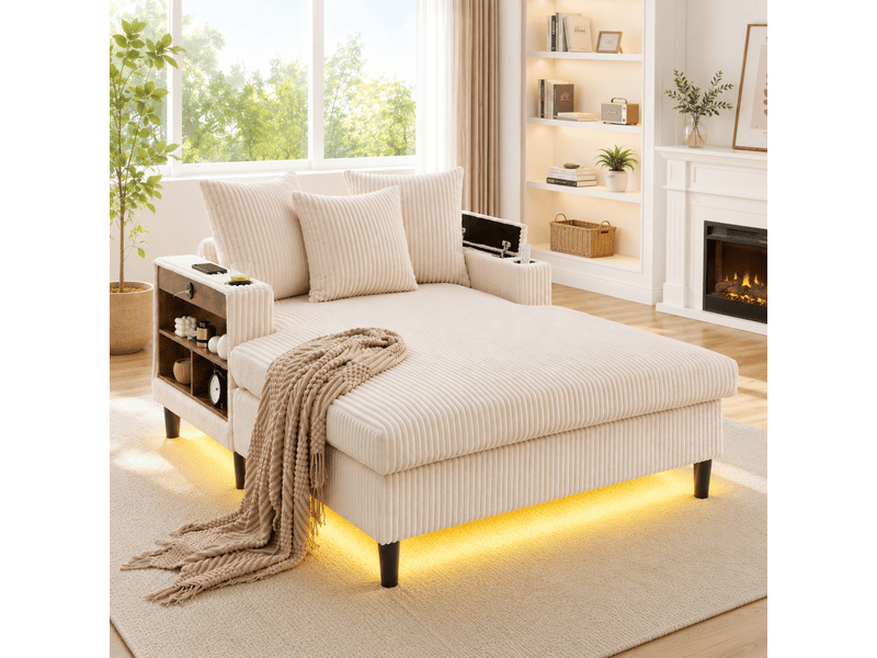  Canapé lounge 1 place 129x170x70 cm, chaise longue en velours côtelé beige, led, usb, rangement, 2 porte-gobelets, poche latérale, 3 coussins  - Conforama D