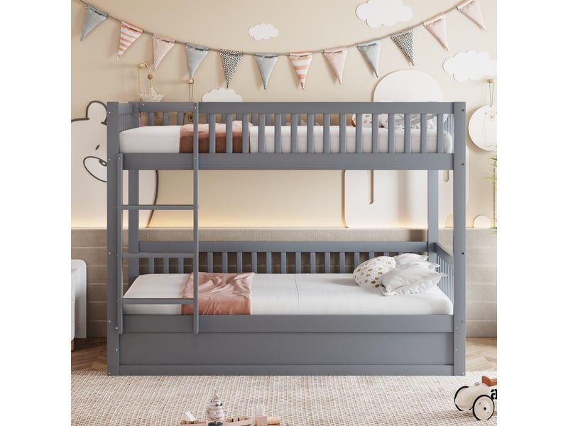  Lit superposé enfant 90x200 cm avec rangement hydraulique sous le lit inférieur, échelle, garde-corps, sommier à lattes, pin massif et mdf gris  - Conforama C