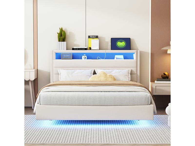  Lit capitonné en lin beige 140 x 200 cm  - Conforama E