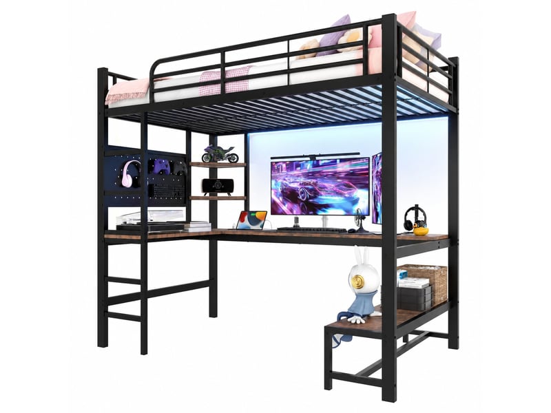  Lit mezzanine en métal, lit simple avec bureau, étagères, usb, type-c et led, 200x90 cm, sans matelas, noir  - Conforama A