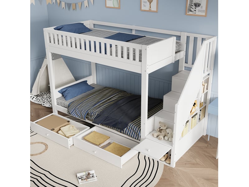  Lit superposé enfant 90 × 200 cm 2 places avec escalier de rangement, 2 tiroirs et barrières, sans matelas, bois blanc  - Conforama B