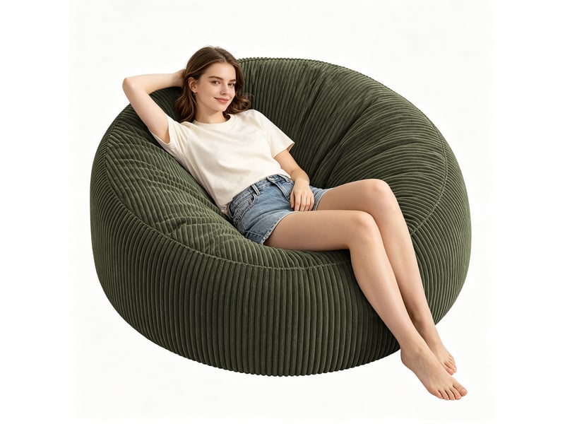  Pouf géant 143x143x55 cm – vert – canapé rond en velours côtelé, mousse à mémoire de forme pour salon et chambre  - Conforama D