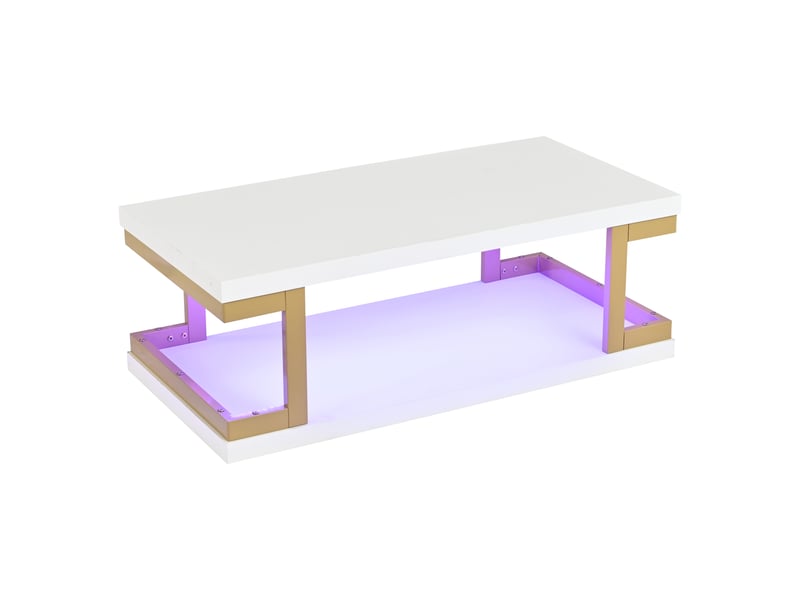 Table basse rectangulaire avec éclairage led, 100x50 cm, 2 niveaux de rangement, mdf et métal, blanc et or - Conforama W