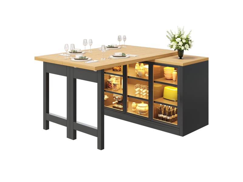  Ensemble table à manger extensible et buffet modenvie, plateaux pivotants à 360°, éclairage multicolore, mdf et verre, noir, 120 à 197 x 40 x 72 cm  - Conforama A