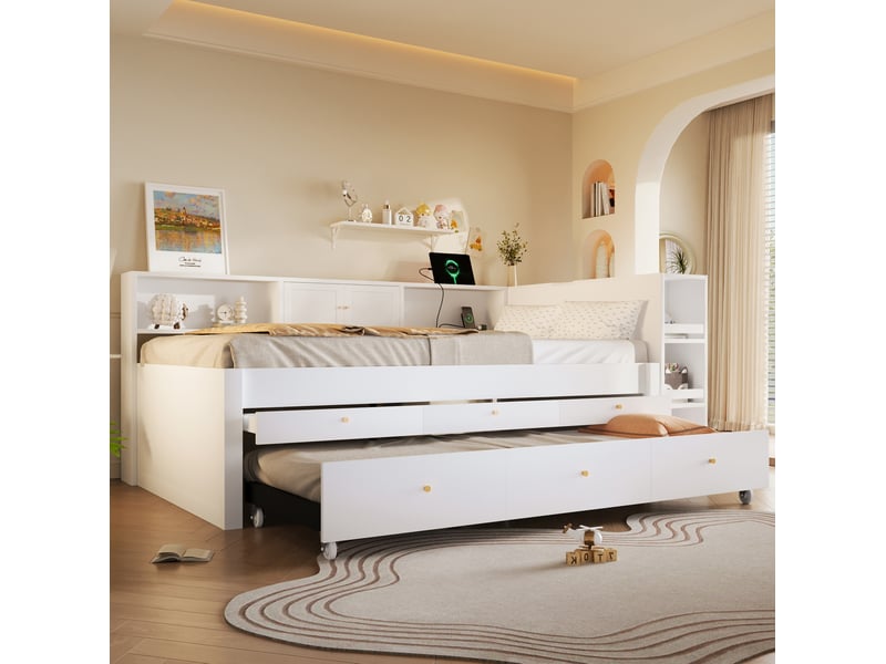  Lit gigogne couchage 140x200 cm fermé, 140x200 + 90x190 cm ouvert, 3 tiroirs usb mdf pin blanc sans matelas  - Conforama E